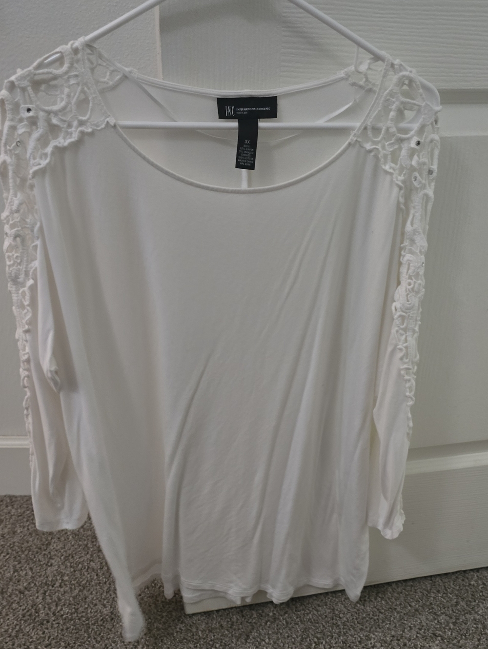 INC International Concepts White Crochet Shoulder Long Sleeve Top